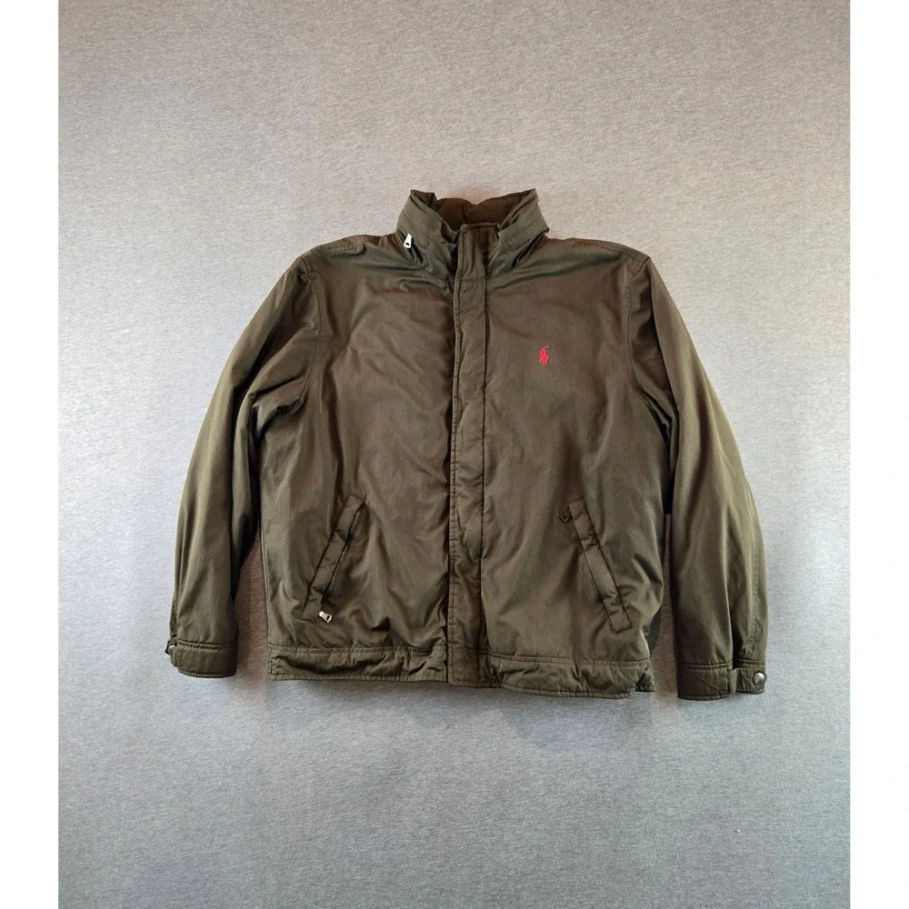 Vintage Polo Ralph Lauren Bomber Jacket Mens L Olive Hooded Fleece Lined 90's